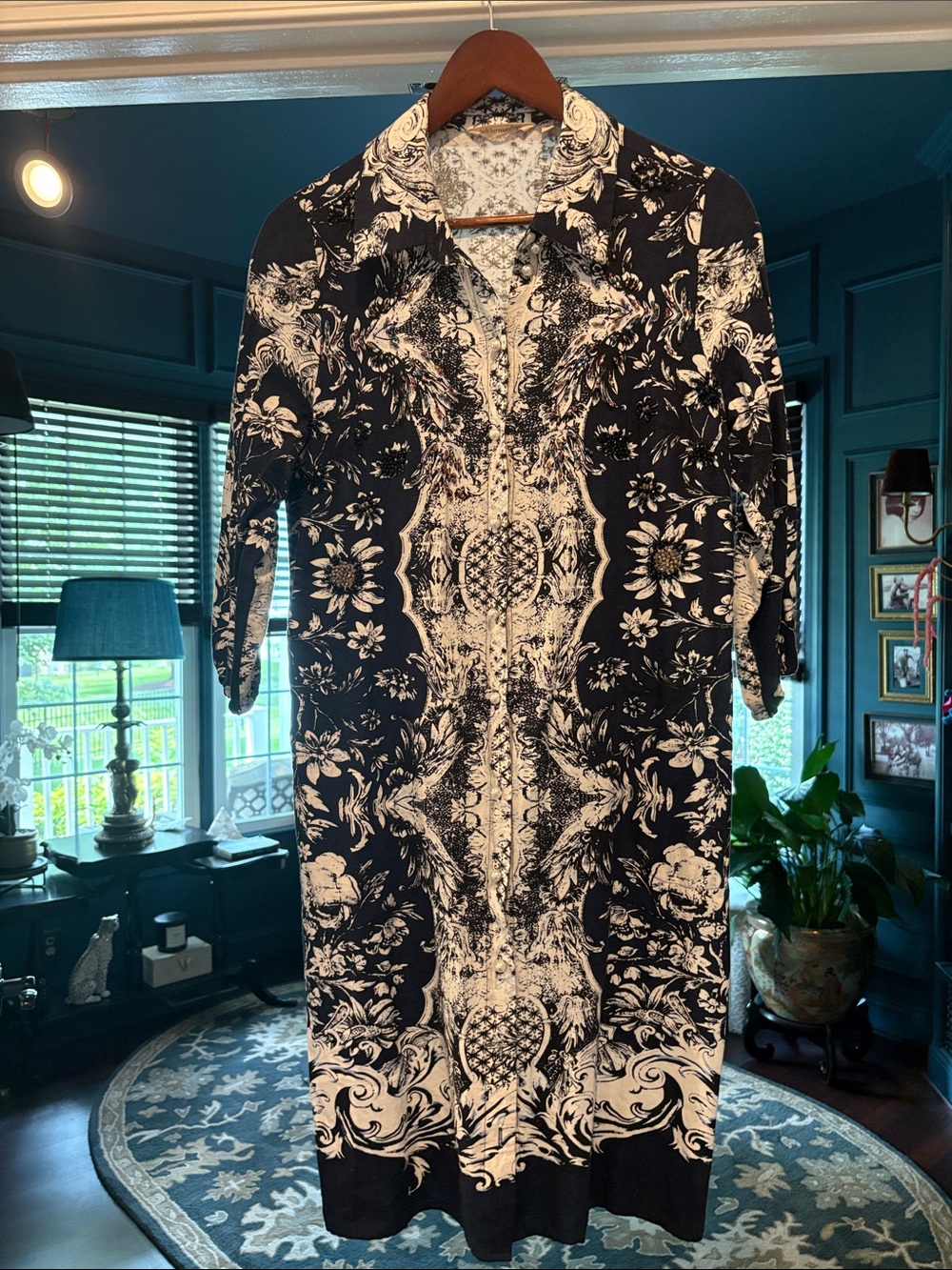 Soft Surroundings Printed Knee Length Shirt Dress with Beading Details.